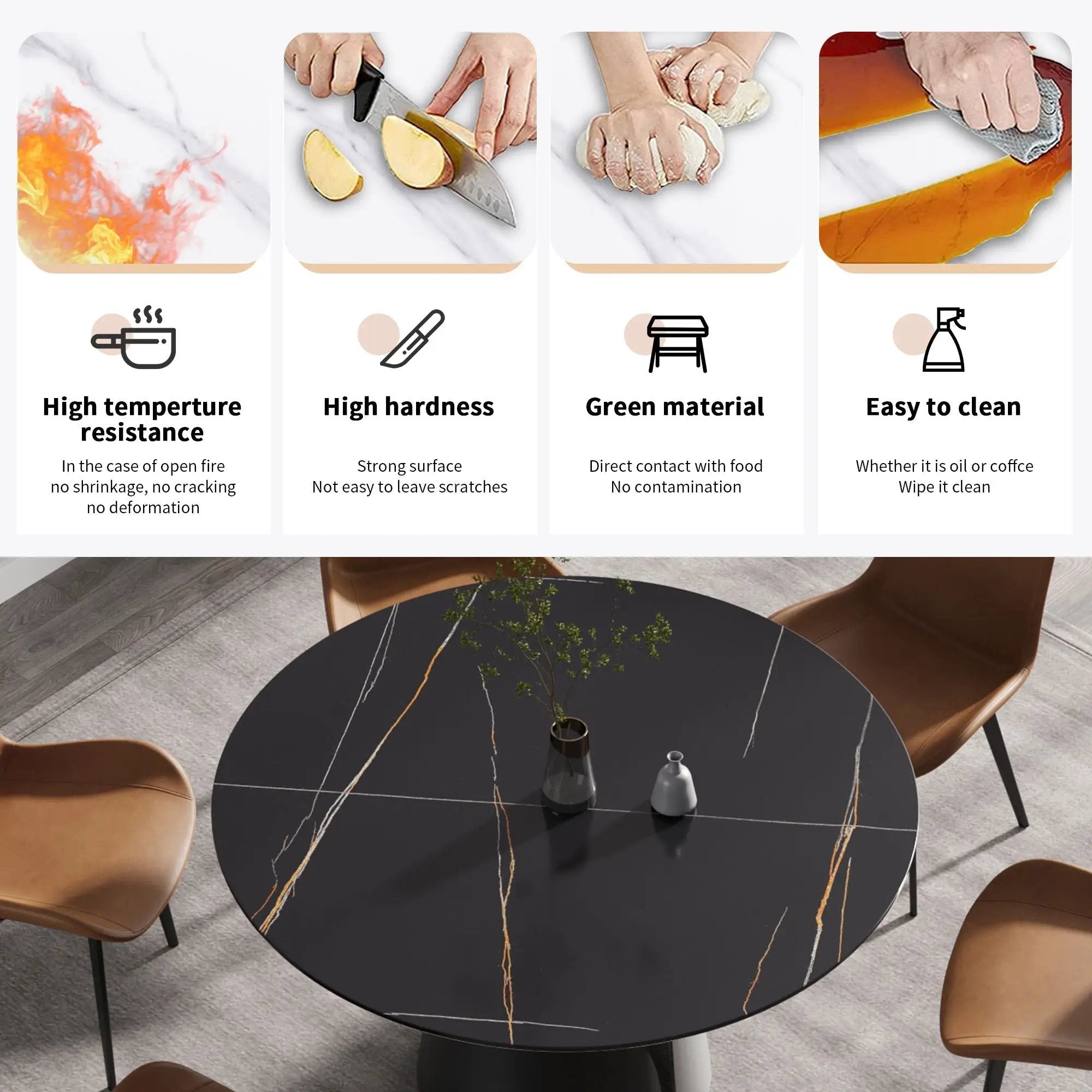 Round Modern Artificial Stone Carbon Steel Base Dining Table, Can Accommodate 6 People - Black by HouseOfZazla