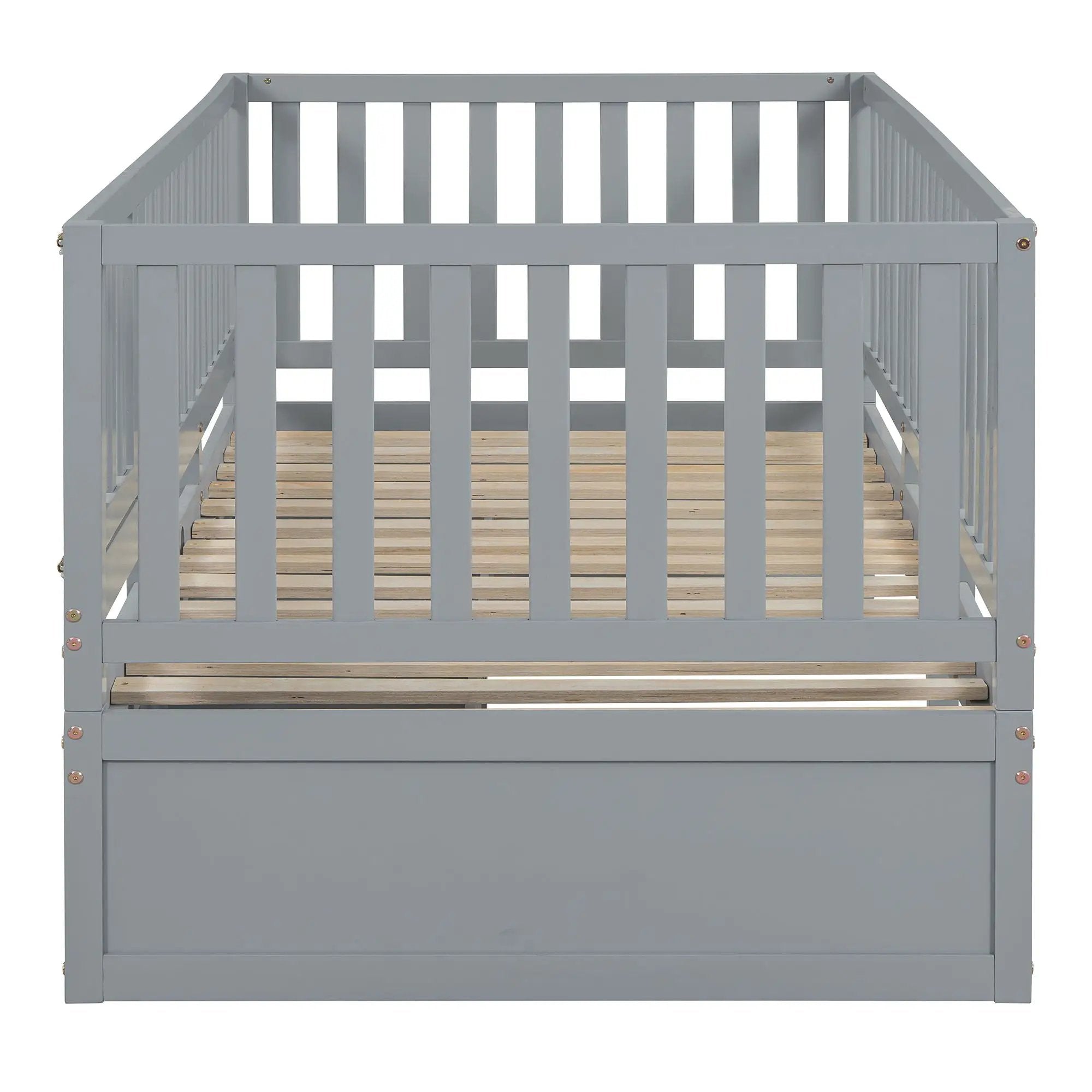Daybed With Fence Guardrails And 2 Drawers, Split Into Independent Floor Bed & Daybed by HouseOfZazla