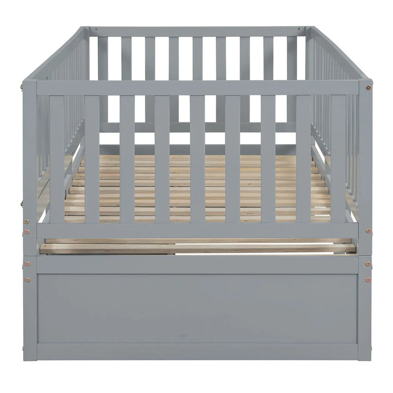 Daybed With Fence Guardrails And 2 Drawers, Split Into Independent Floor Bed & Daybed by HouseOfZazla