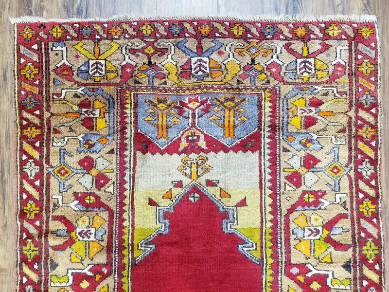 Antique Turkish Prayer Rug 3.8 x 5ft, Colorful Prayer Rug, Red Blue Gold Multicolor Turkish Anatolian Carpet, Handmade Hand-Knotted, Wool by Jewel Rugs