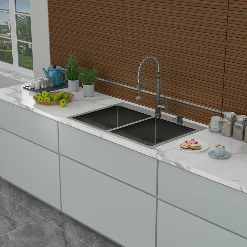 Double Bowl Drop In Kitchen Sink 33" X 22" With 16 Gauge Stainless Steel And 2 10" Deep Basins - Gunmetal Black by HouseOfZazla