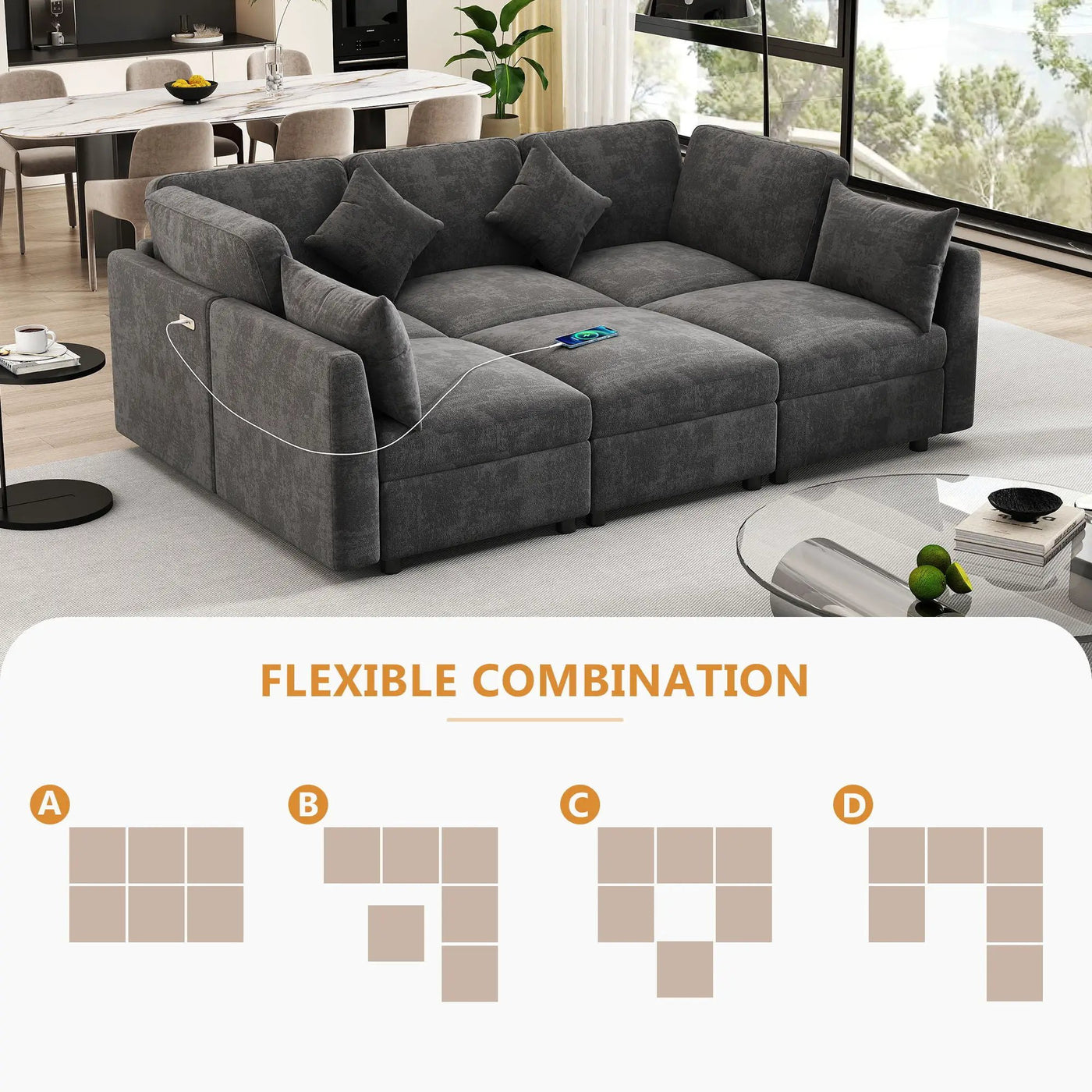 Sectional Sofa Modular U-Shaped With Ottoman & USB Ports by Unique Piece Furniture