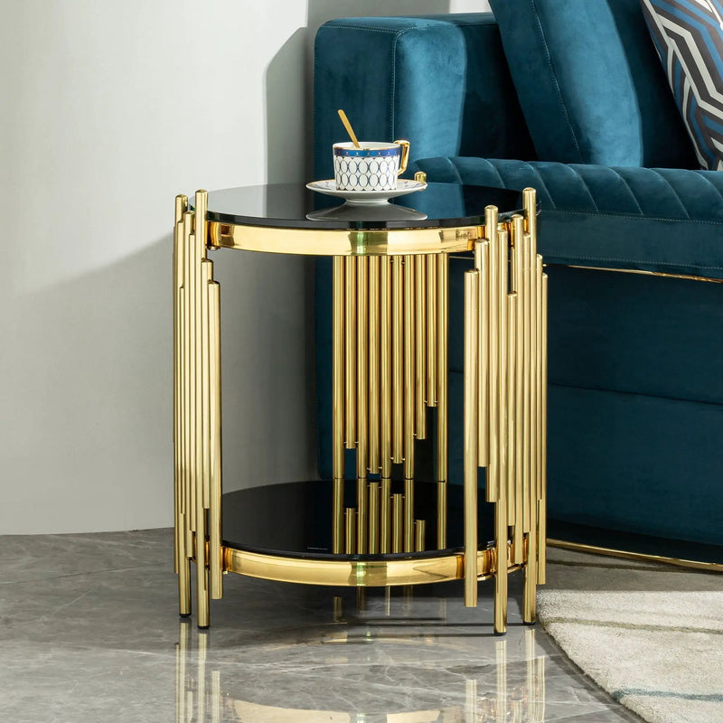 Elegant Round Table With Double Layer Tempered Glass Top And Stainless Steel Frame For Living Room by Unique Piece Furniture