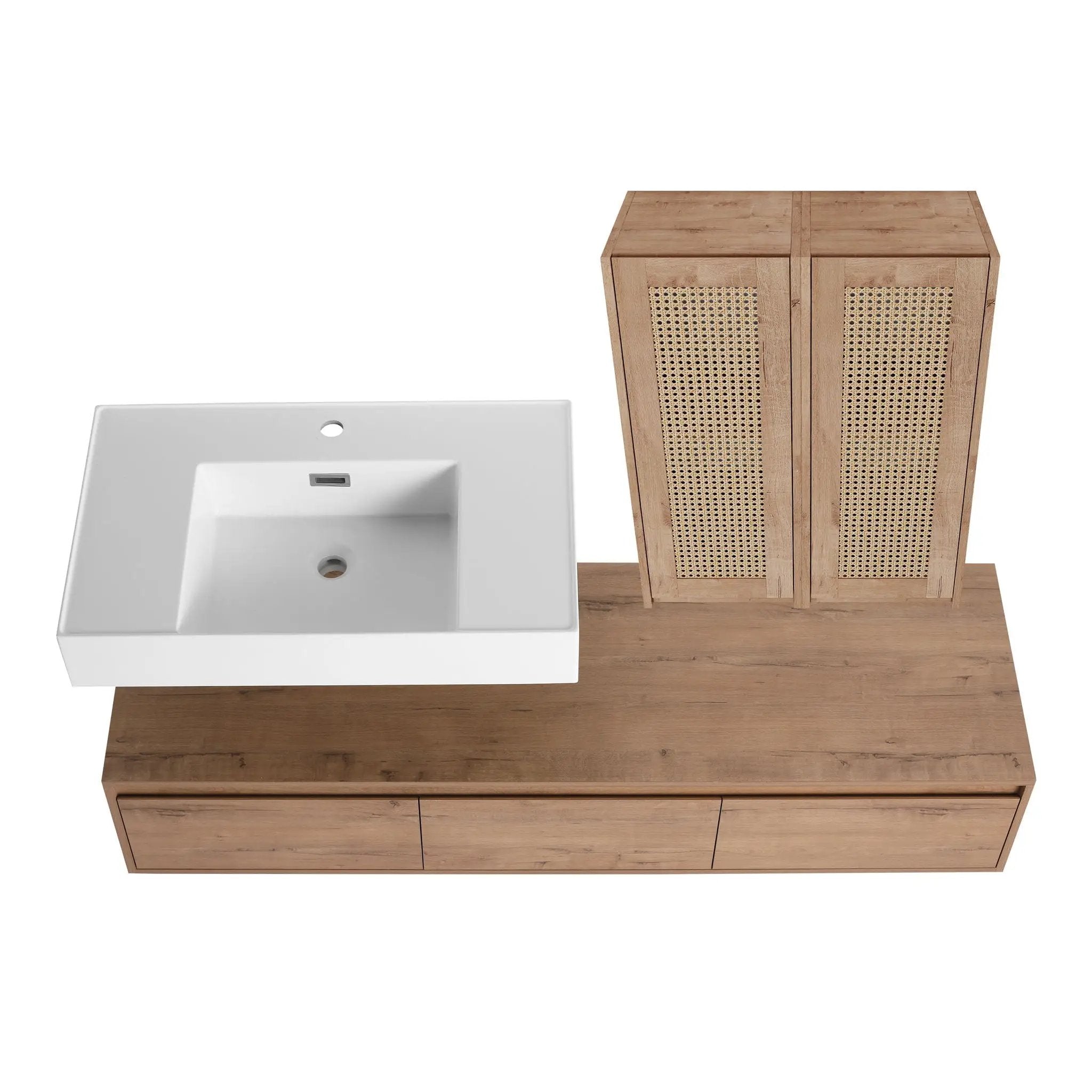 Modern Wall Mounted Bathroom Vanity With Resin Sink And 2 Side Cabinet, Imitative, Construction - Imitative Oak by HouseOfZazla