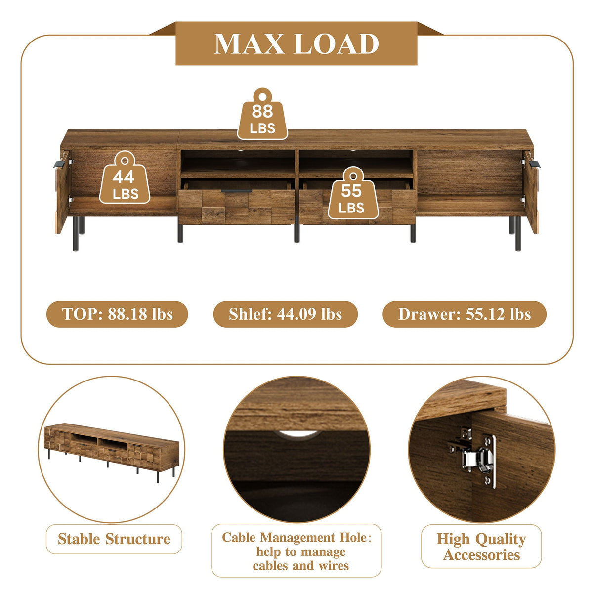 TV Stand With 2 Drawers, Media Console Table, Storage Cabinet With Cable Management, photo 9 of 13