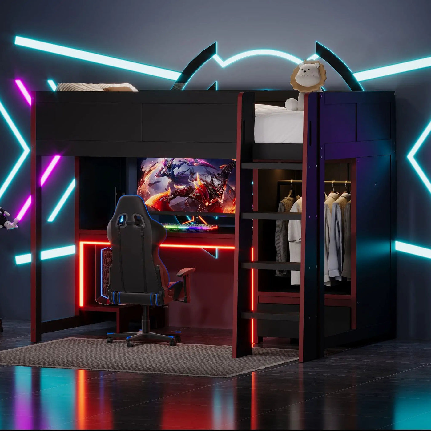 Gaming Loft Bed With Built In Desk, Wardrobe, LED Lighting And Drawer by HouseOfZazla