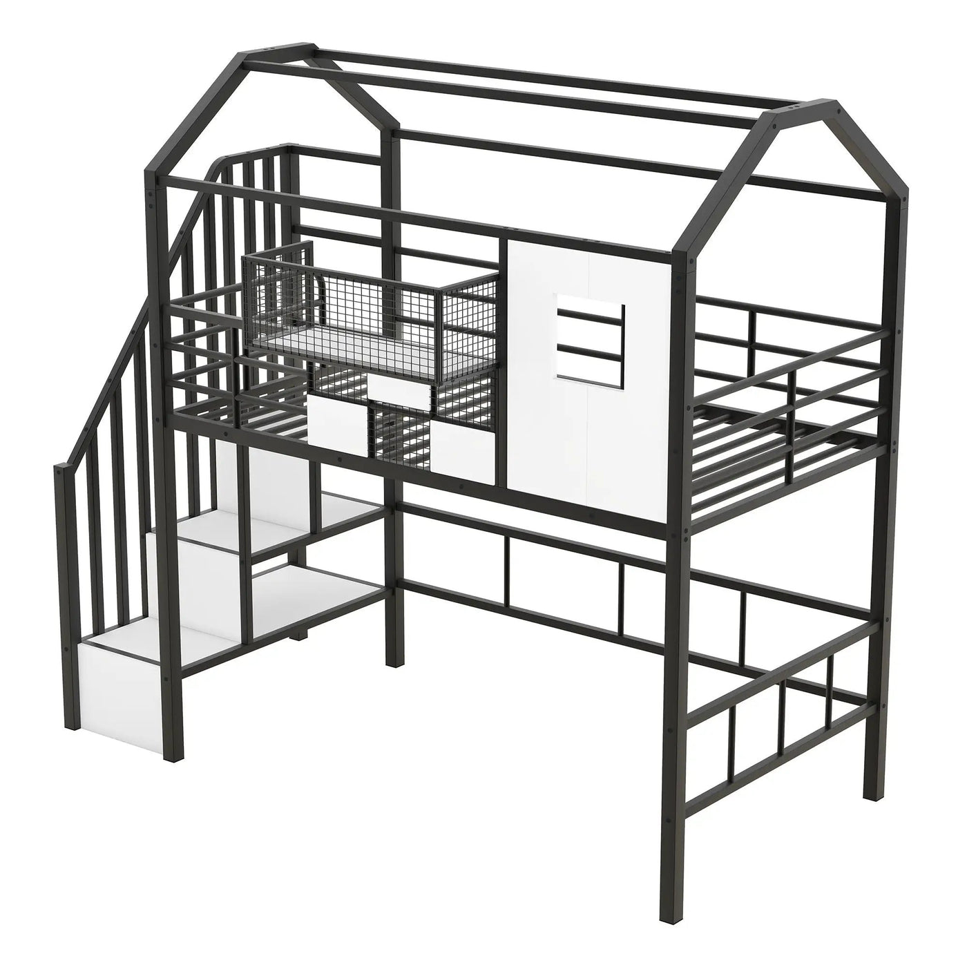 Metal Loft Bed With Roof Design And Storage Box With Guardrails And Integrated Ladder by HouseOfZazla