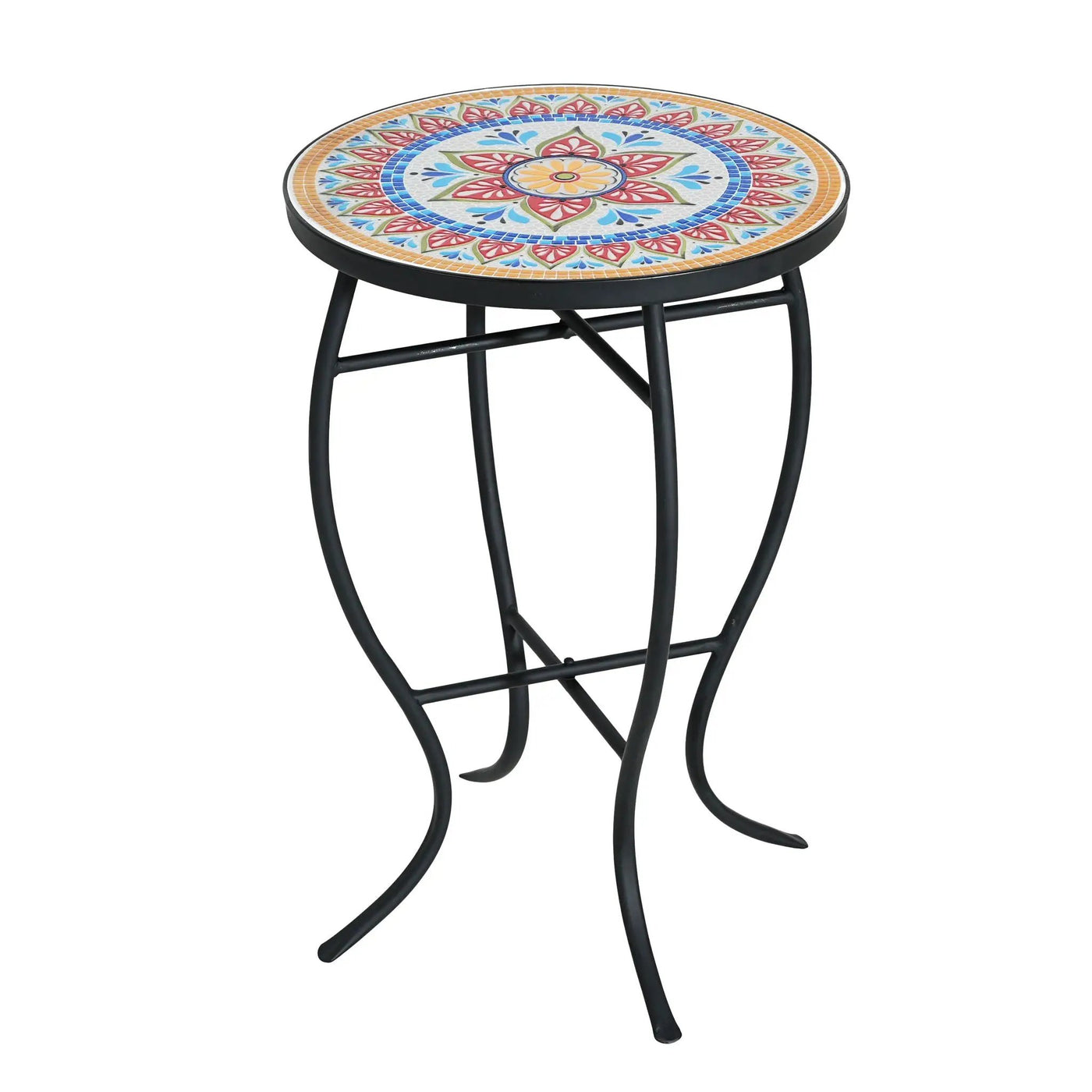 Outdoor Round Side Table With Mosaic Style Top And Curved Iron Legs by HouseOfZazla
