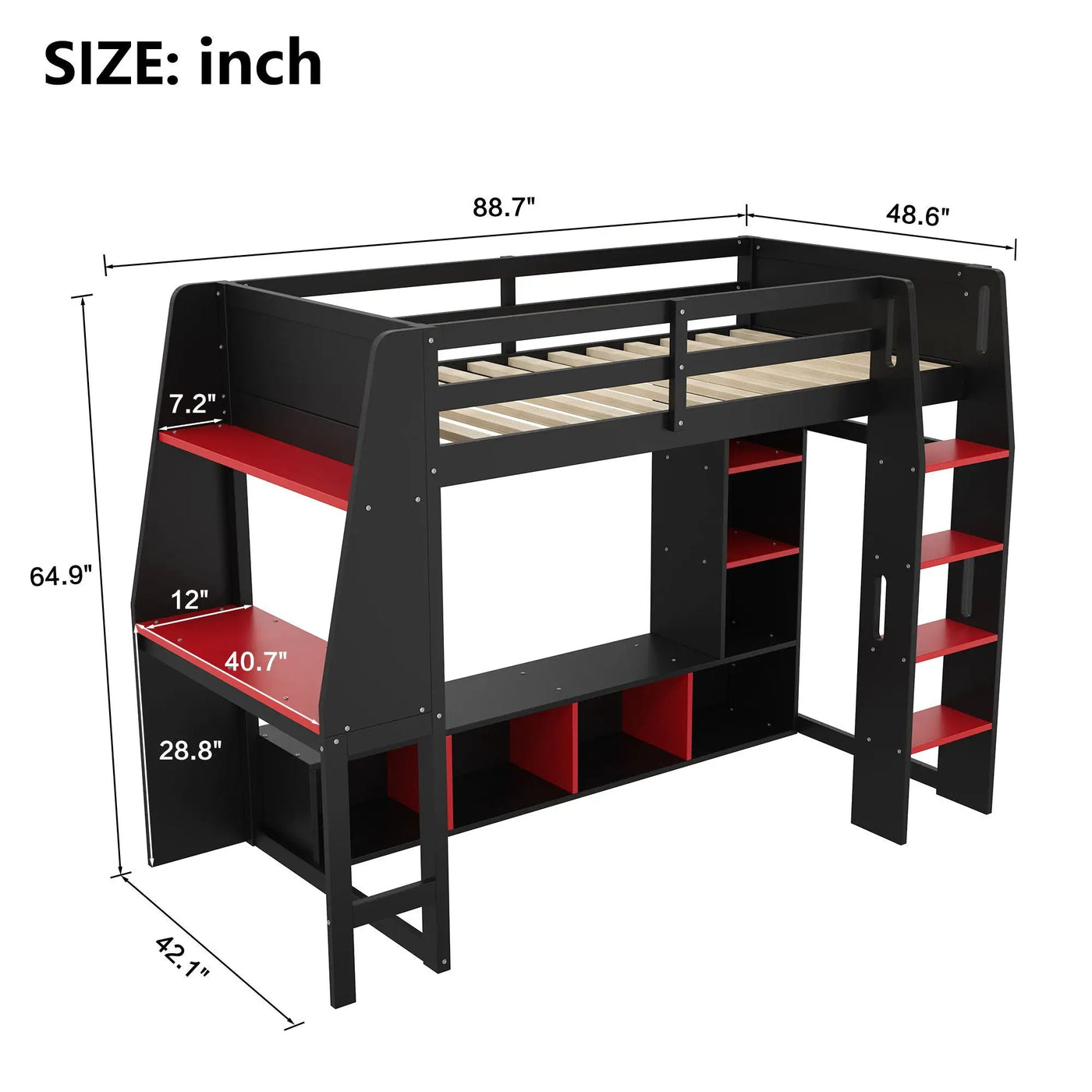 Gaming Loft Bed With Desk, Multi Storage Shelves, LED Lighting, And Hanging Clothes Rack by HouseOfZazla