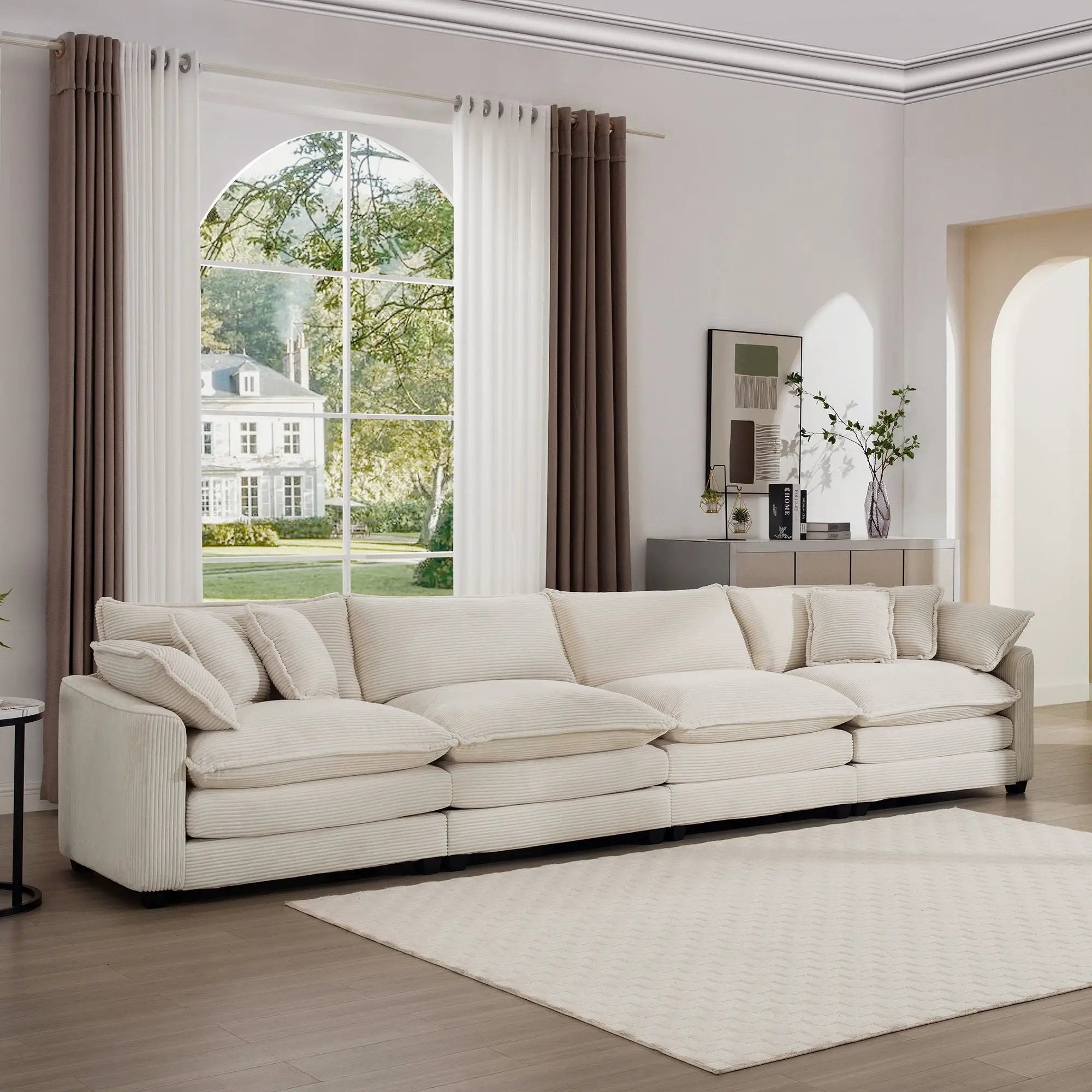 Modern Upholstered 4 Seater Fabric Sofa With Arm And Throw Pillows by HouseOfZazla