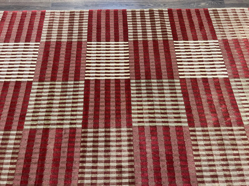 Modern Tibetan Rug 8x10, Hand Knotted Contemporary Nepali Carpet 8 x 10, Checkerboard Design, Red Cream Light Brown, Very Fine Wool & Silk by Jewel Rugs