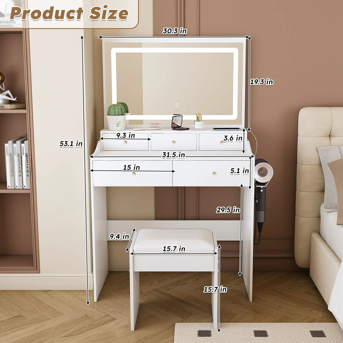 Modern Makeup Vanity Set With Power Outlet, Hair Dryer Holder, And Adjustable Lighting by Unique Piece Furniture