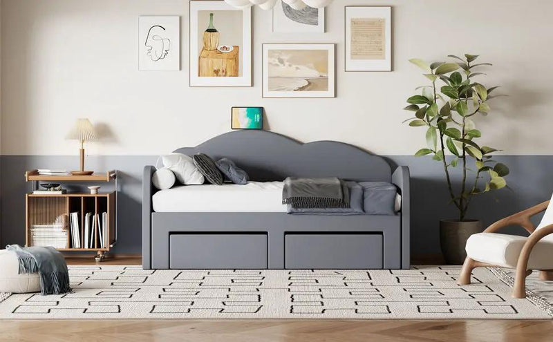 Upholstered Daybed With Cloud-Shaped Backrest, Trundle & 2 Drawers And USB Ports by HouseOfZazla