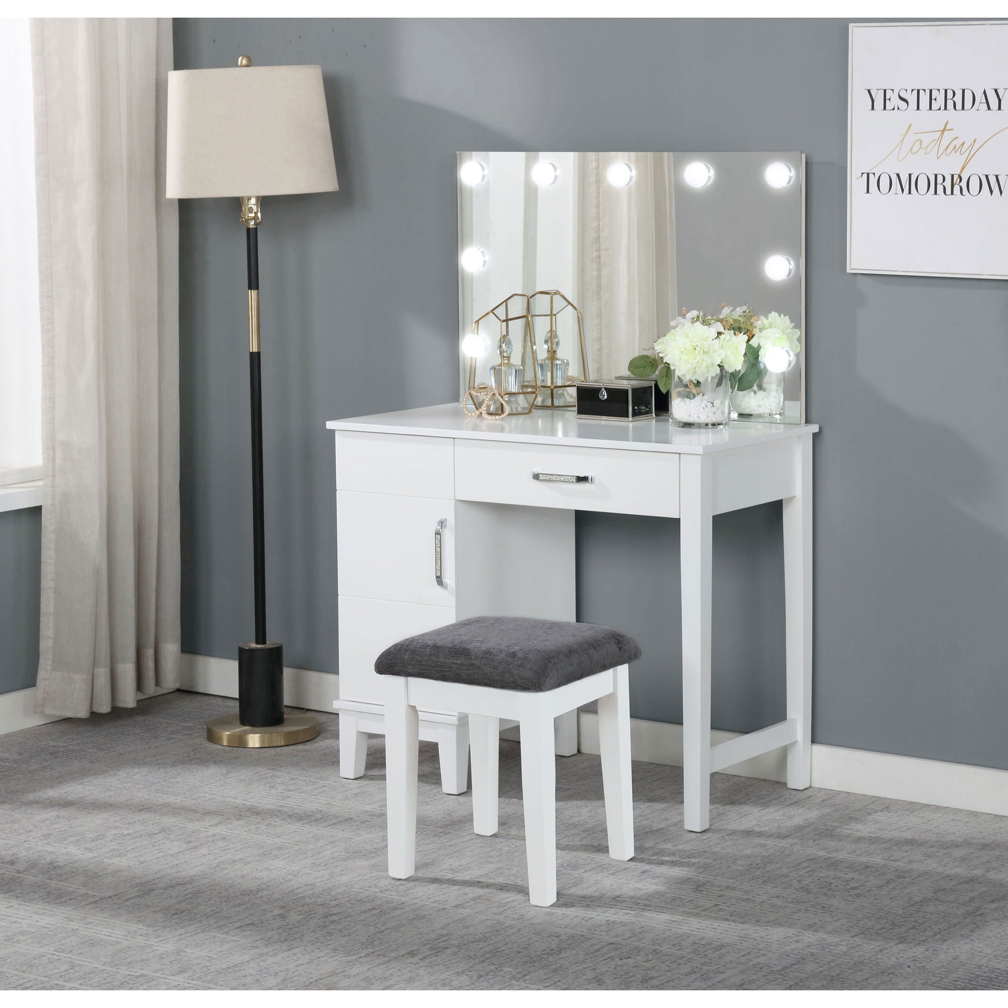 Elijah - Vanity Set With Lighting And Stool - White by HouseOfZazla