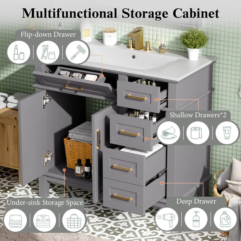 36" Gray Modern Bathroom Vanity with Ceramic Sink by HouseOfZazla