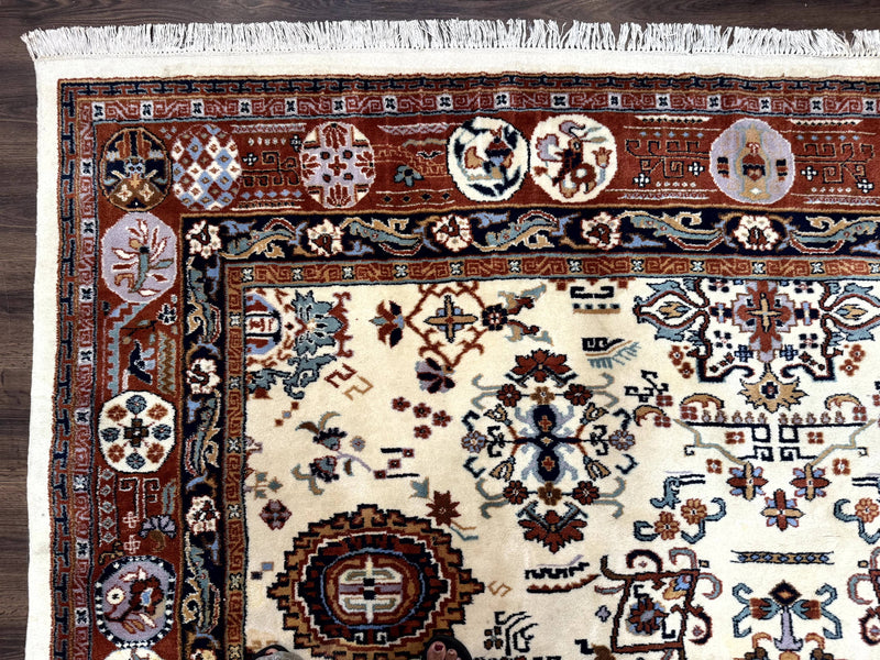 Indo Chinese Wool Rug 9x12, Ivory and Rust Red, Dragon Motifs by Jewel Rugs