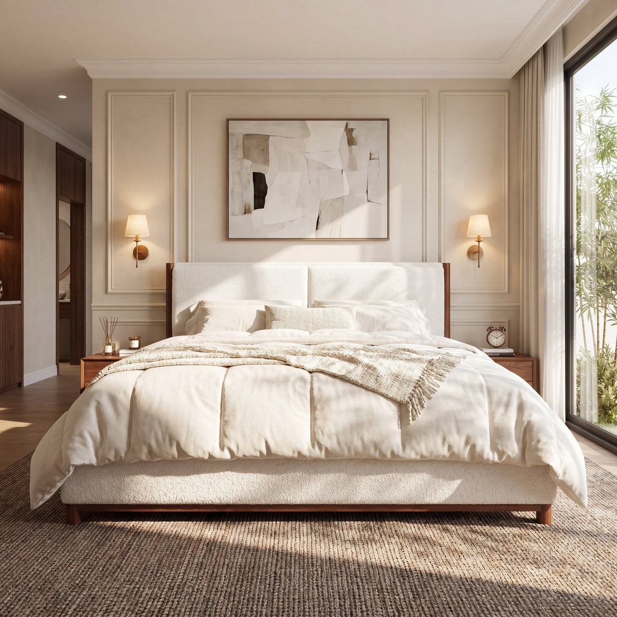 King Size Upholstered Bed Frame with Slat Support - White & Walnut