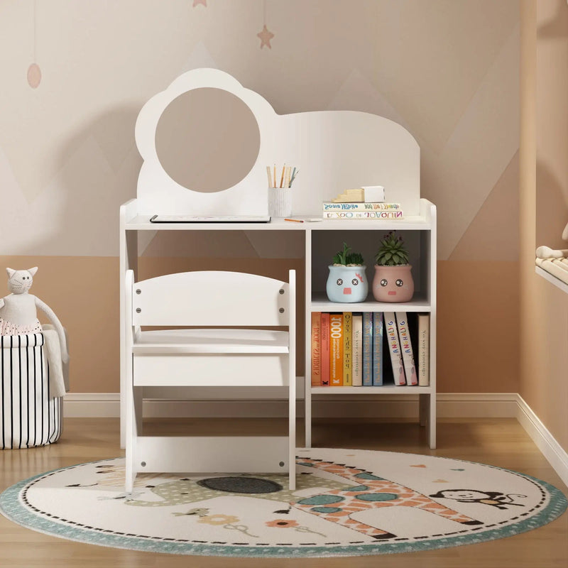 Kids Vanity Table With Mirror And Chair, Dressing Makeup Desk With Storage Shelves - White by HouseOfZazla
