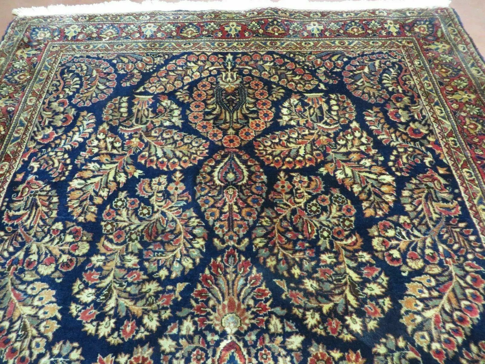 Antique Persian Sarouk Rug 4x6, Hand Knotted 1920s Oriental Carpet 4 x 6 ft, Navy Blue and Red Wool Rug, Handmade Floral Allover Persian Area Rug by Jewel Rugs