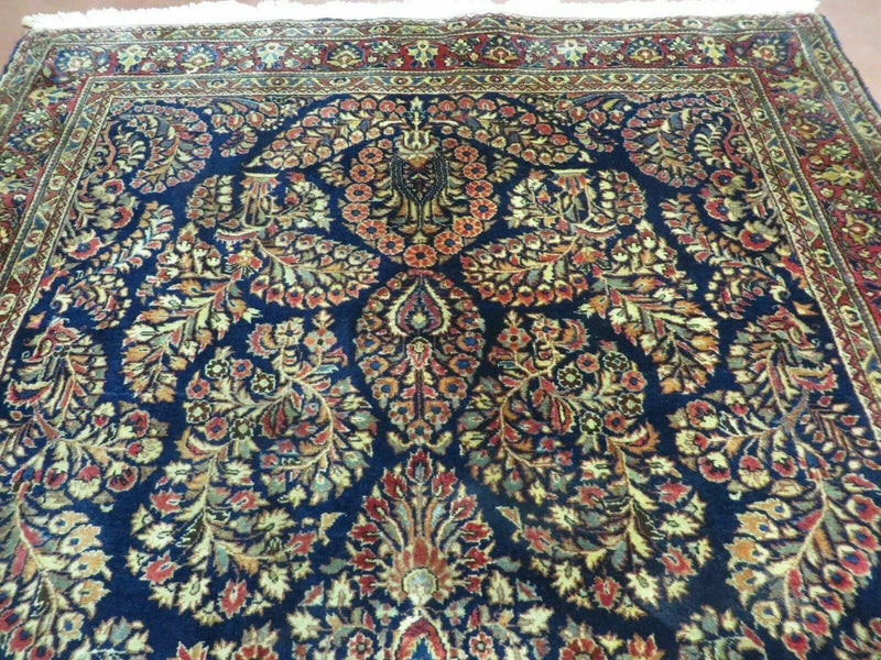 Antique Persian Sarouk Rug 4x6, Hand Knotted 1920s Oriental Carpet 4 x 6 ft, Navy Blue and Red Wool Rug, Handmade Floral Allover Persian Area Rug by Jewel Rugs