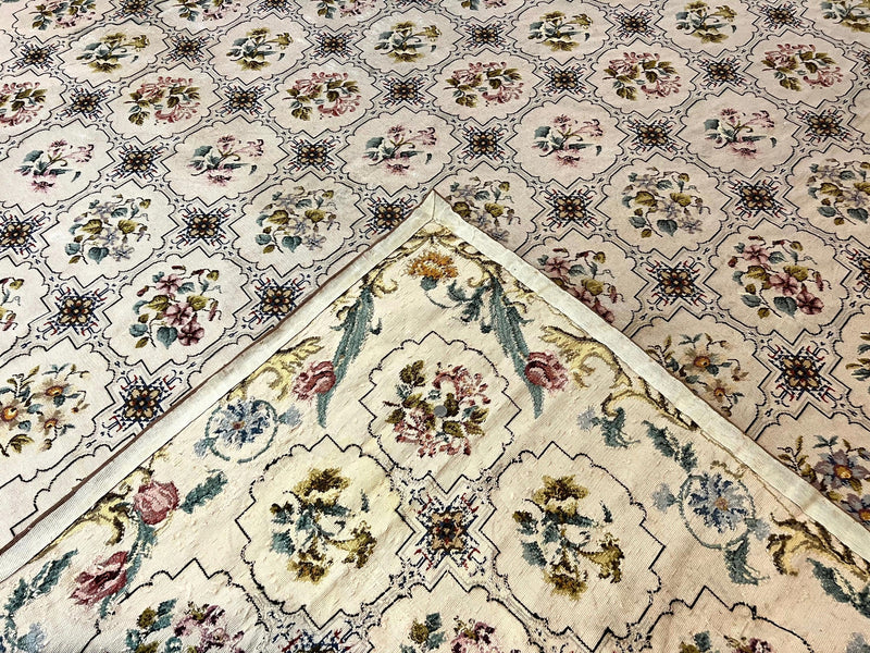 Needlepoint Rug 10x14, Wool Handmade Vintage Needlepoint Carpet, Floral Panel Design, Ivory/Cream by Jewel Rugs