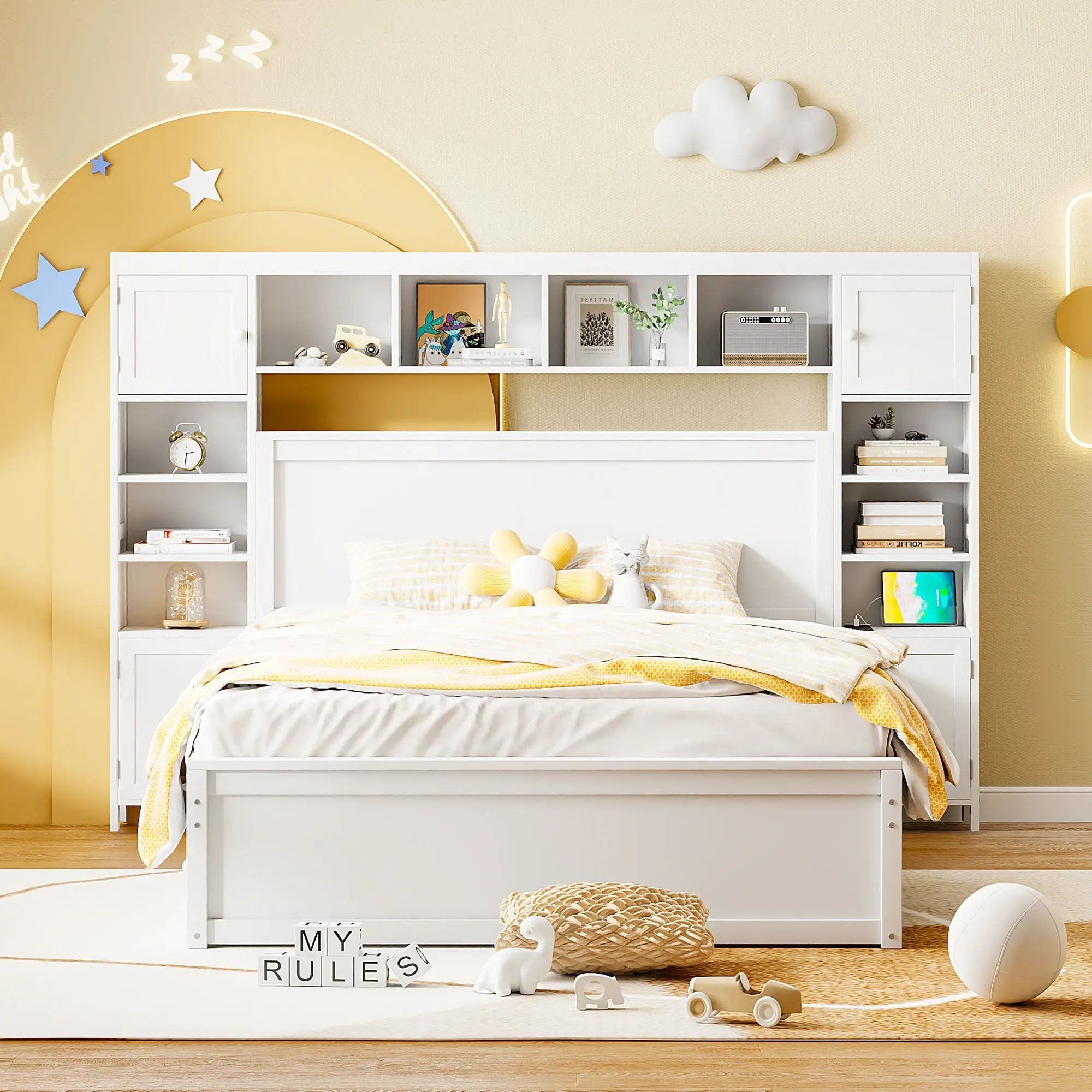 Bed With All In One Cabinet, Shelf And Sockets, Twin Long Trundle by HouseOfZazla