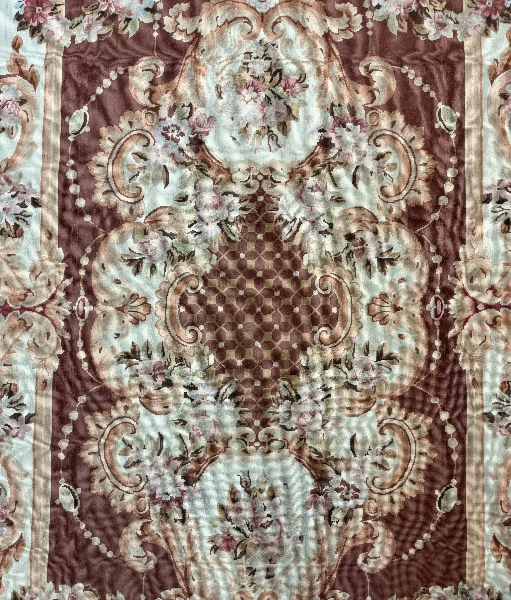 Vintage Needlepoint Rug 6x9, Aubusson Rug, Flatweave Wool Elegant Carpet, Medium Size, French European Design by Jewel Rugs