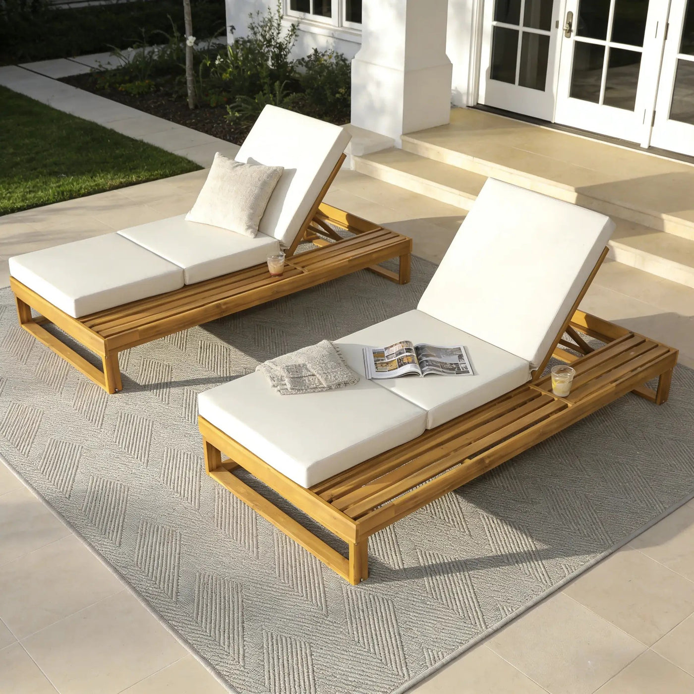Teak Finish Acacia Wood Chaise Lounge with 4-Inch Cushion by HouseOfZazla