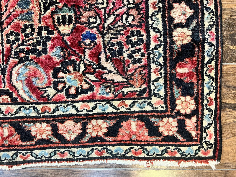 Small Antique Persian Rug 2.6 x 4, Red Floral Handmade 1920s Wool Rug, Persian Hamadan Lilian Rug by Jewel Rugs