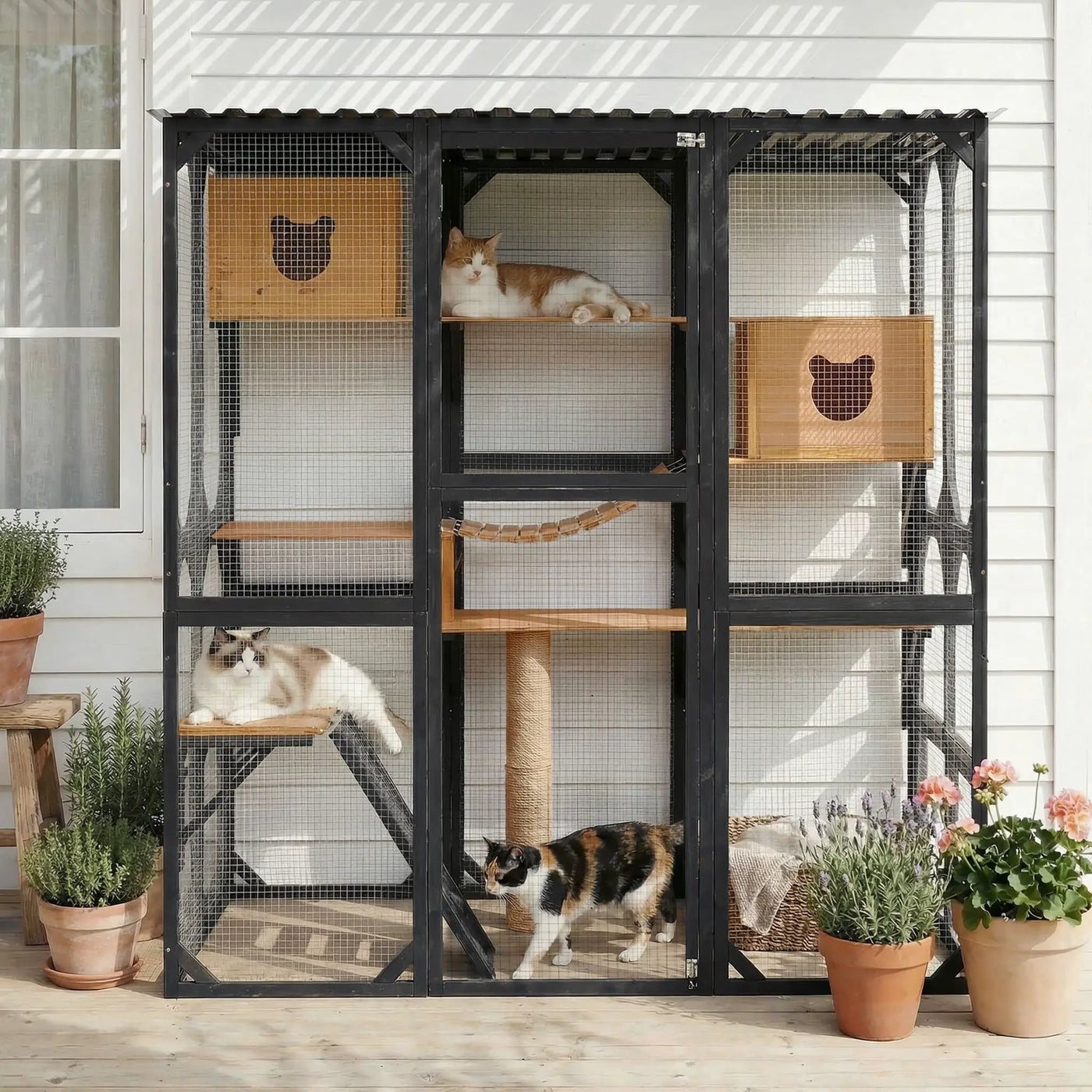 Outdoor Cat Enclosure With Sleeping Houses, Jumping Platforms, Scratching Post by HouseOfZazla