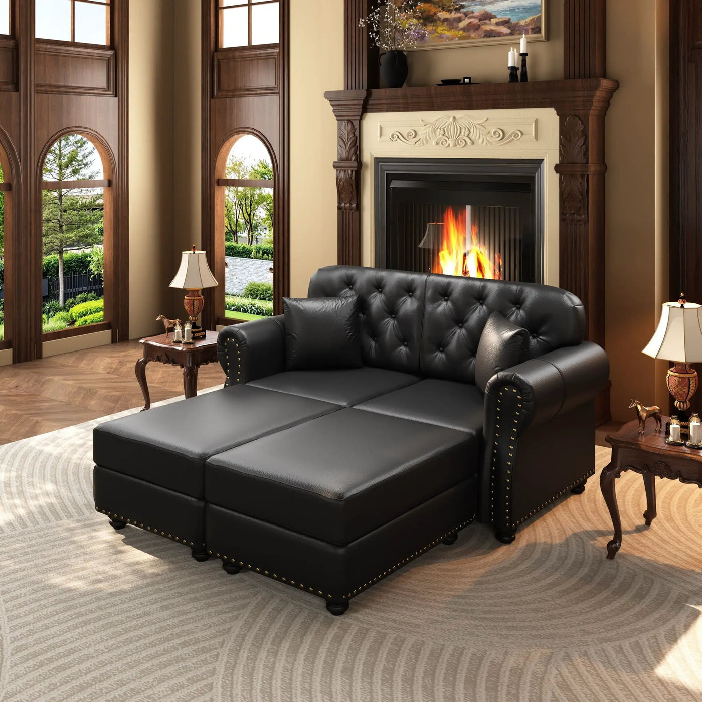 Upholstered Sofa With Nailhead Trim, Rolled Armrests With Ottoman by HouseOfZazla