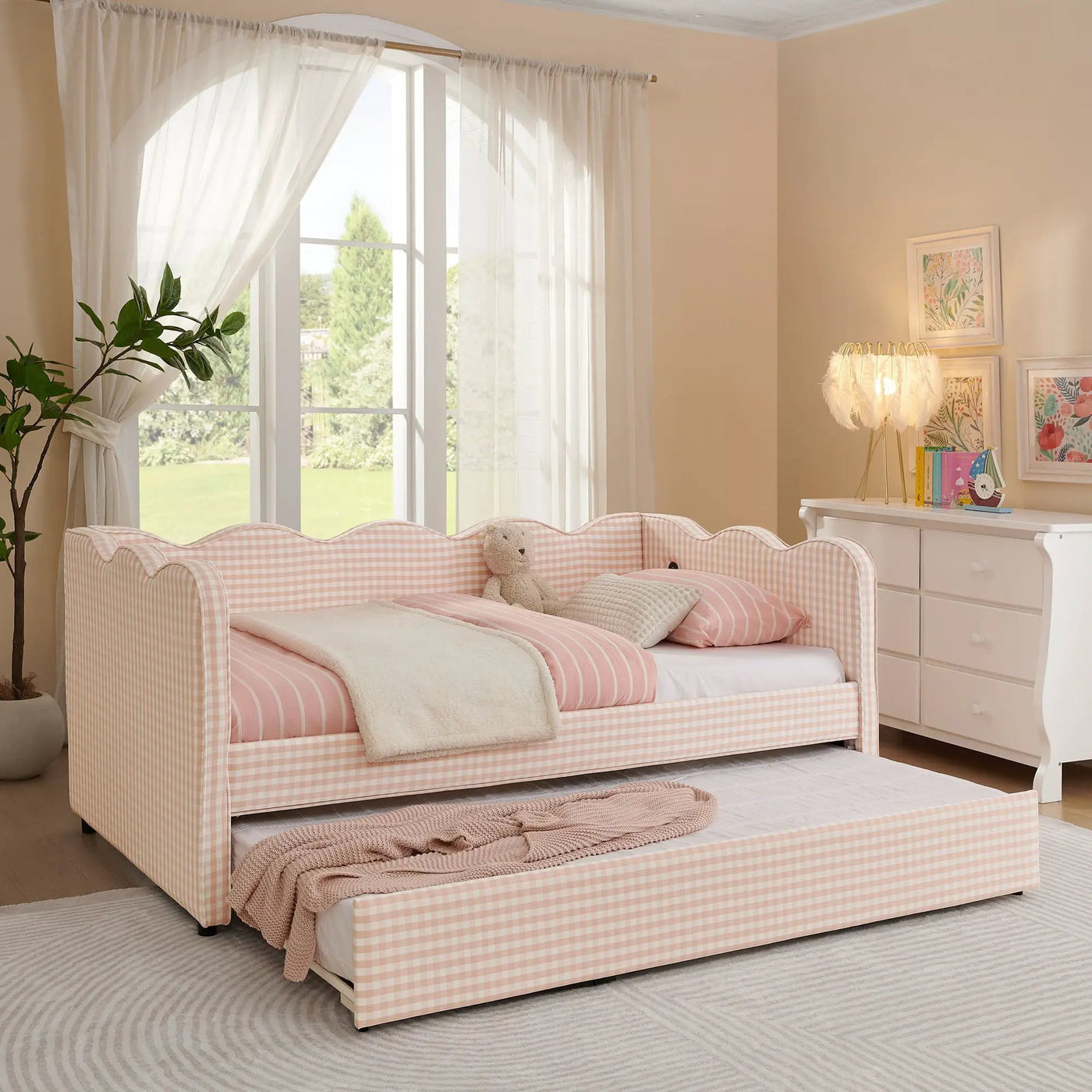 Gingham Daybed With USB Charging Port, Wave Shaped Design by Unique Piece Furniture