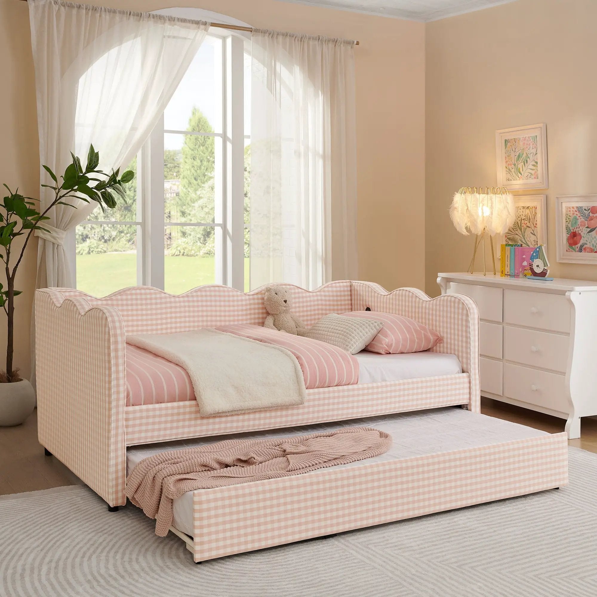 Gingham Daybed With USB Charging Port, Wave Shaped Design by Unique Piece Furniture