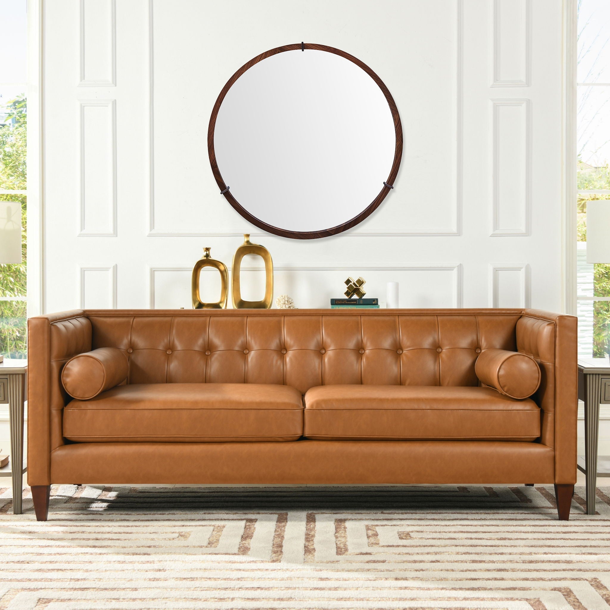Hausen - Mid-Century Modern Round Accent Wall Mirror - Brown Walnut by HouseOfZazla