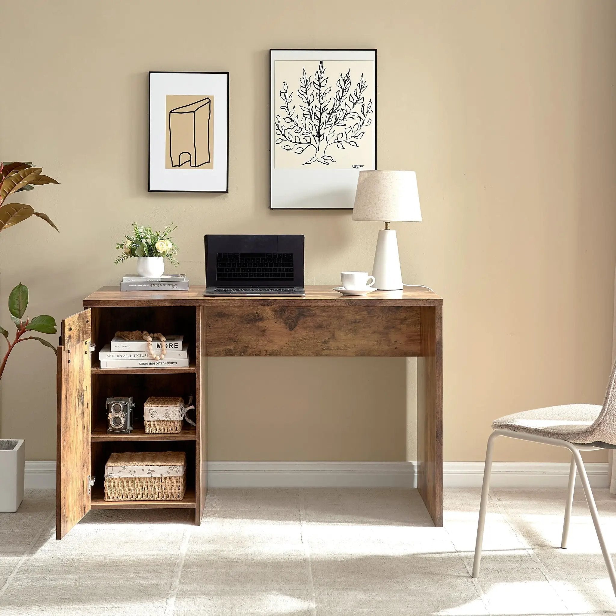 Home Office Desk One Cabinet Three Shelves Faux Barn Door On Metal Euro Hinges Modesty Panel - Distressed Wood by HouseOfZazla