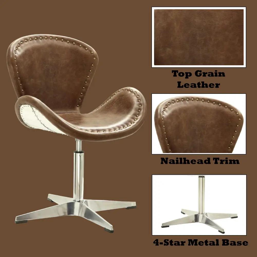Brancaster - 33" Accent Chair With Swivel - Retro Brown Top Grain Leather & Aluminum by Unique Piece Furniture