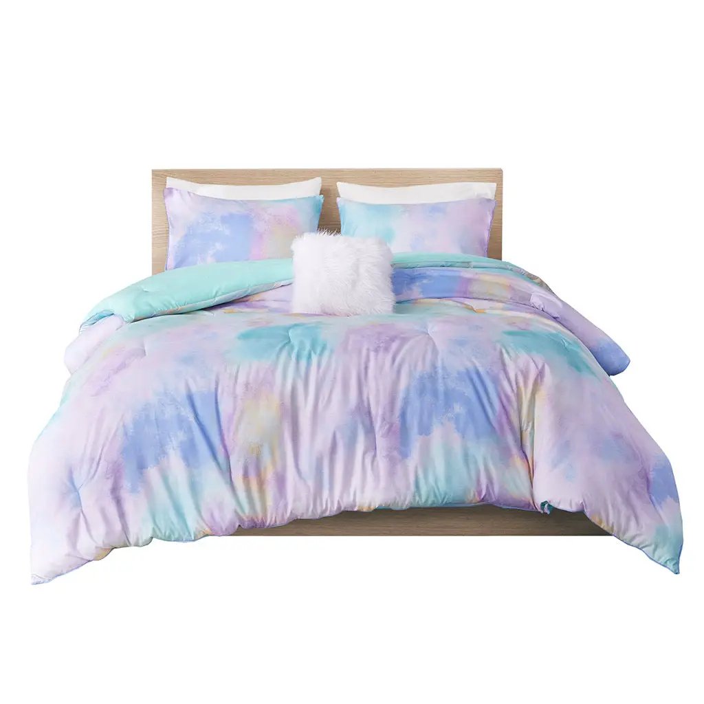 Full/Queen Watercolor Tie Dye Printed Comforter Set with Throw Pillow by HouseOfZazla