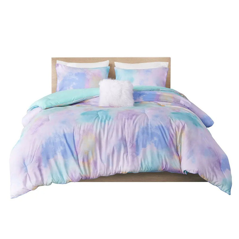 Full/Queen Watercolor Tie Dye Printed Comforter Set with Throw Pillow by HouseOfZazla