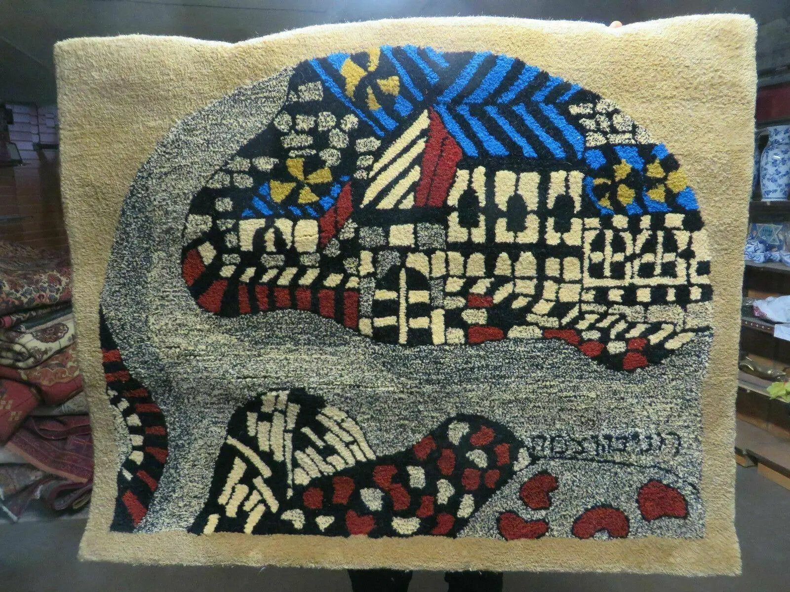 3' X 4' Vintage Hand Crafted Israel Wool Rug Carpet Wall Hanging Signed Hebrew by Jewel Rugs