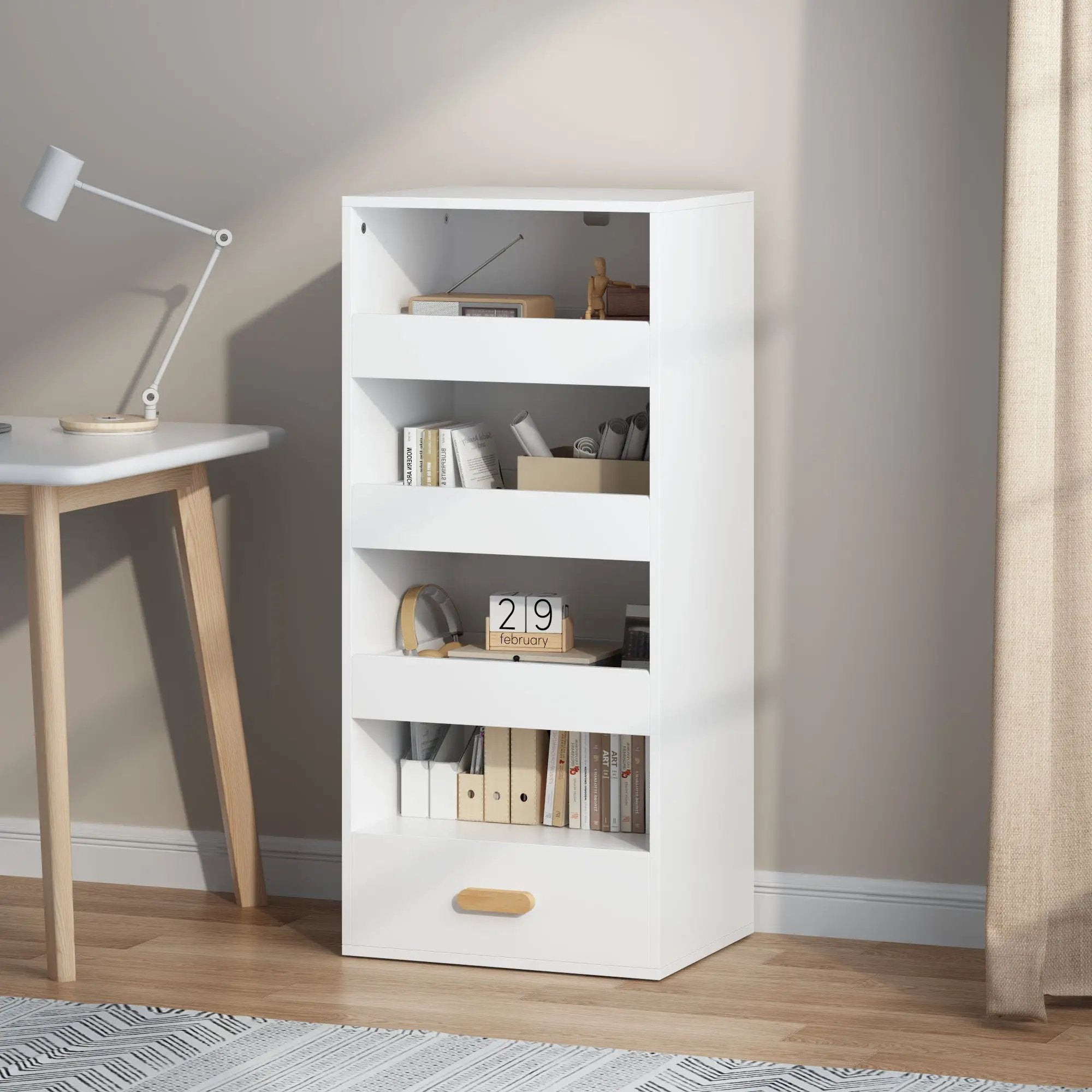 4 Tier Freestanding Bookshelf With 3 Sliding Drawers And 1 Bottom Drawer - White by Unique Piece Furniture