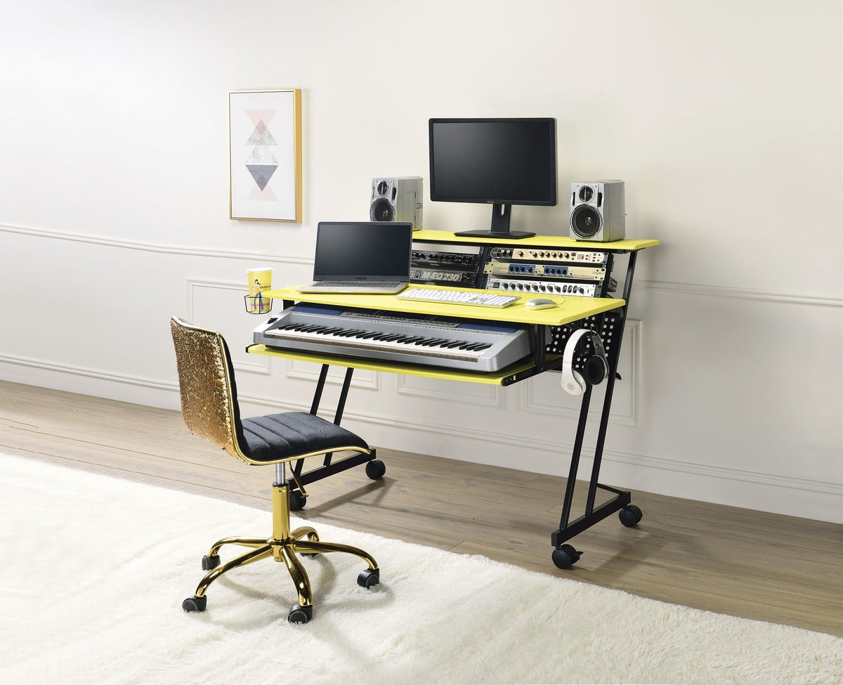 Music Recording Studio Desk with Cable Management - Black and Yellow
