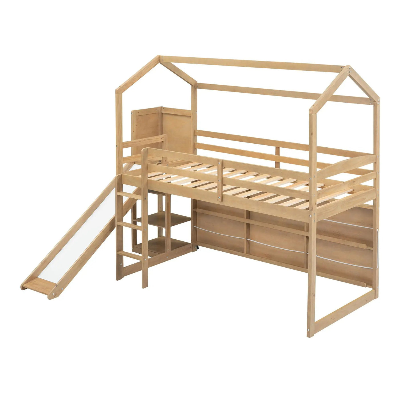 House Loft Bed With Slide, Storage Shelves And Light, Climbing Ramp by HouseOfZazla