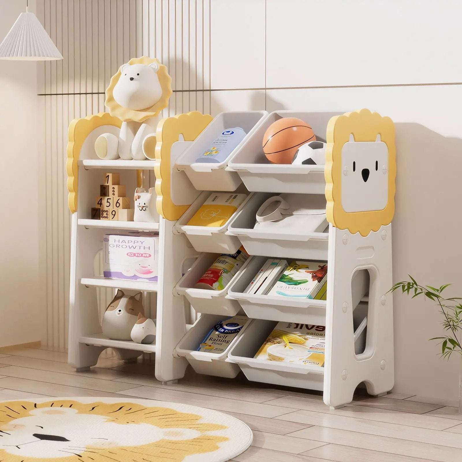 Kids Bookshelf And Toy Storage, 4 Tier Toy Organizers With 8 Removable Storage Bins, Kids Toy Storage Organizer For Study Room - Gray / White / Yellow by Unique Piece Furniture