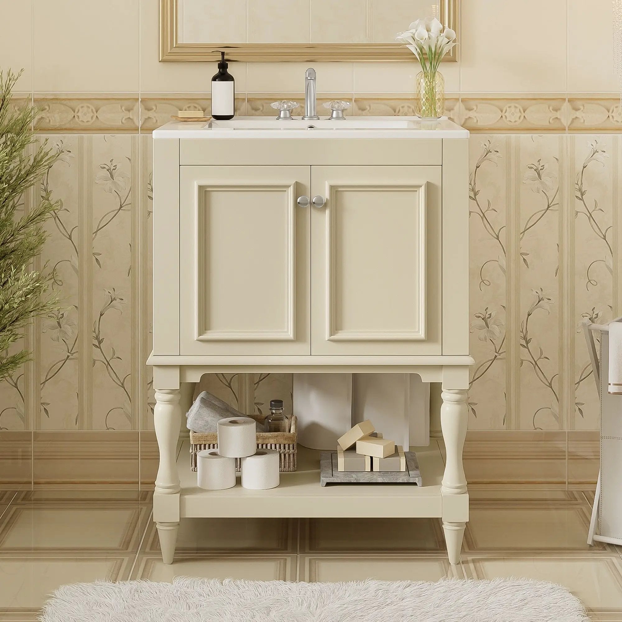 Modern Bathroom Vanity With Sink, Rectangular Cabinet With Open Shelf And Closed Storage
