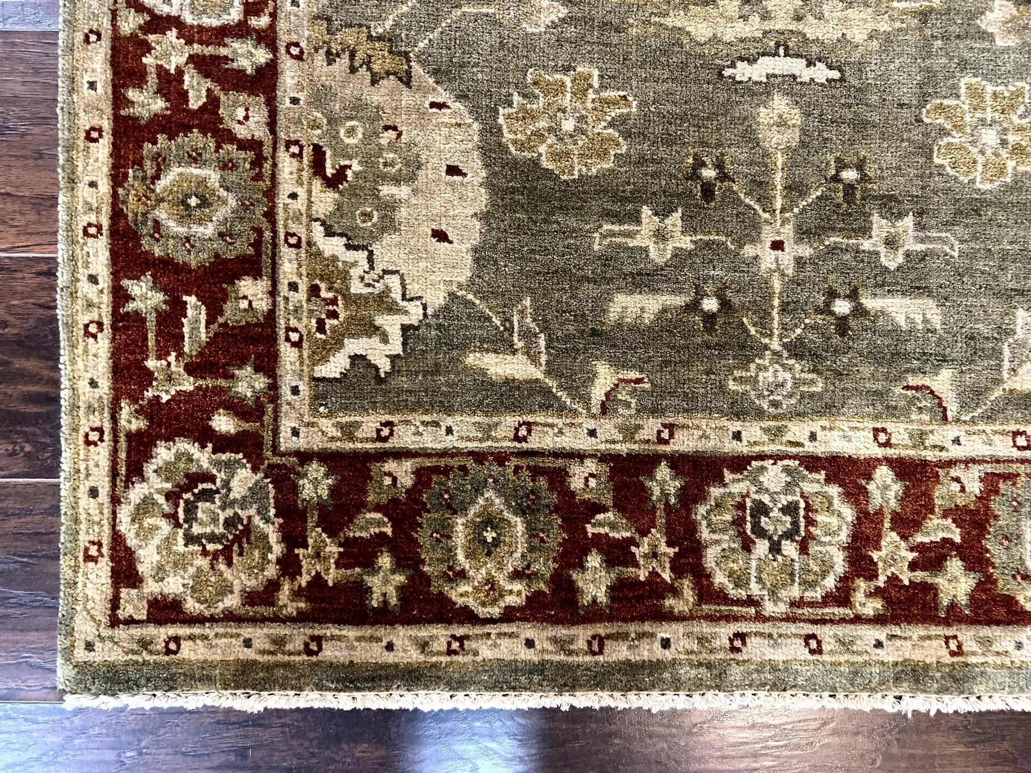 Indo Oushak Rug 4x6, Green and Maroon, Vintage Wool Floral Rug, Indian Agra Rug by Jewel Rugs