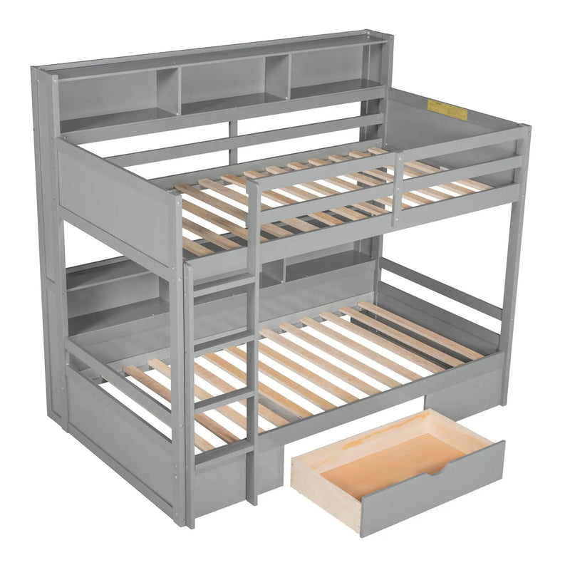 Twin Size Bunk Bed With Built-In Shelves Beside Both Upper And Down Bed And Storage Drawer by Unique Piece Furniture