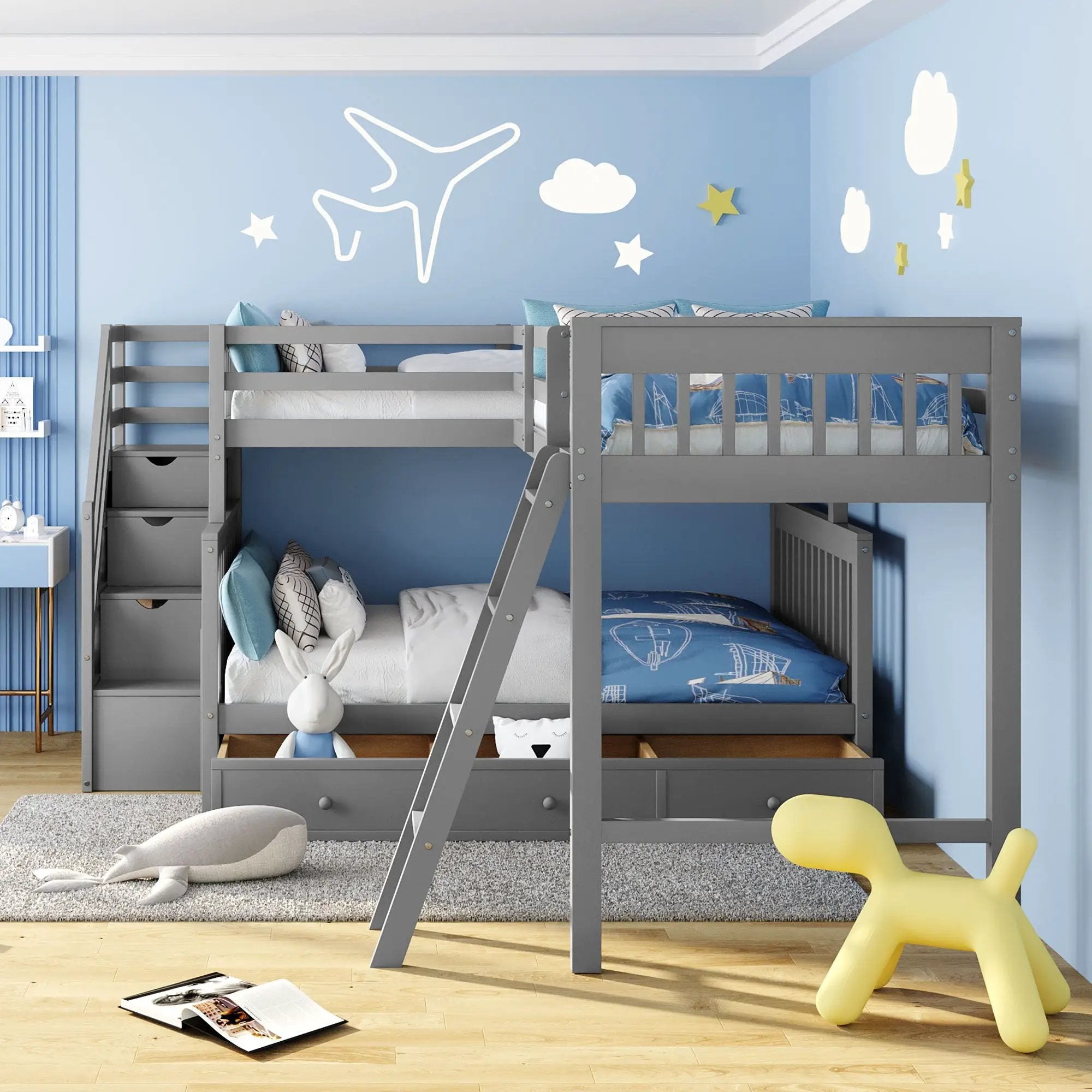 Solid L Shaped Bunk Bed With 3 Drawers, Ladder And Staircase by Unique Piece Furniture