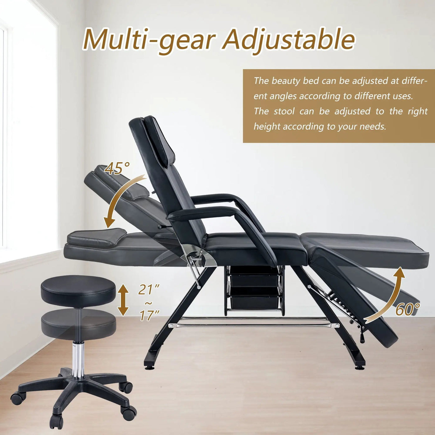 72.8" Massage Salon Tattoo Chair With Two Trays Esthetician Bed With Hydraulic Stool, Multi-Purpose 3-Section Facial Bed Table, Adjustable Beauty Barber Spa Beauty Equipment by HouseOfZazla