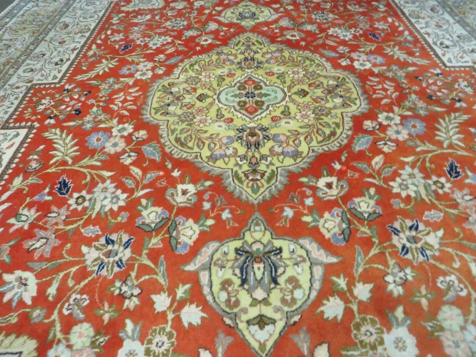 Vintage Persian Tabriz Rug 9x12, Tabatabaie Rug 9x12 Carpet, Handmade Hand Knotted Wool Area Rug, Tomato Red Beige, Medallion Rug, Floral by Jewel Rugs