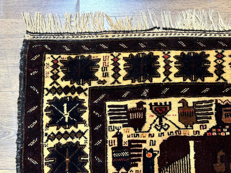 Persian Baluch Tribal Rug 4x6, Human and Bird Pictorials, Vintage, Wool, Collectible by Jewel Rugs